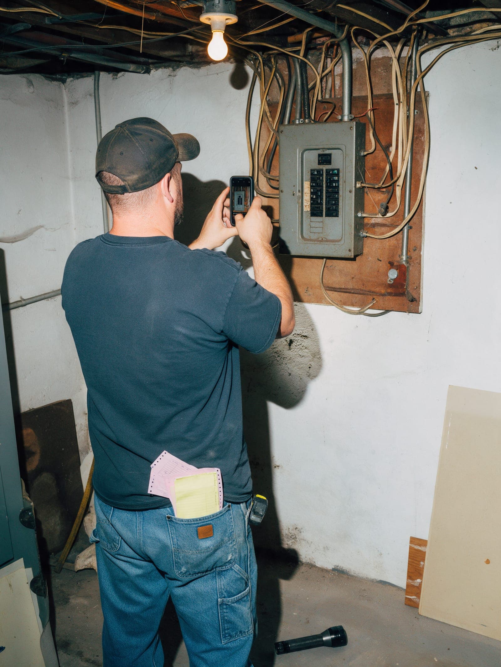 An electrician documenting a breaker panel with a phone, seen from behind.