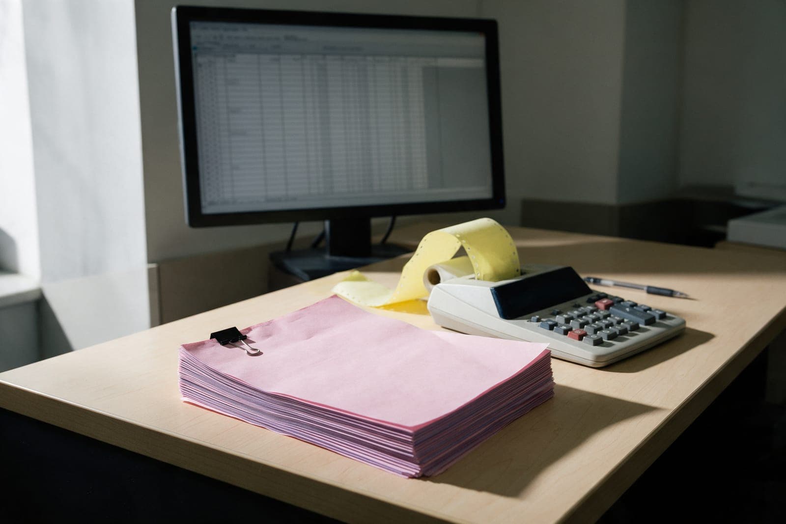A monitor with a blurred ledger, a clipped stack of pink copies and a calculator tape.