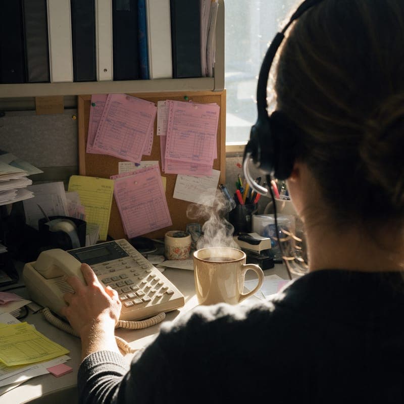 A support desk at 7 am seen from behind: a headset, a beige desk phone and a corkboard of pink copies.