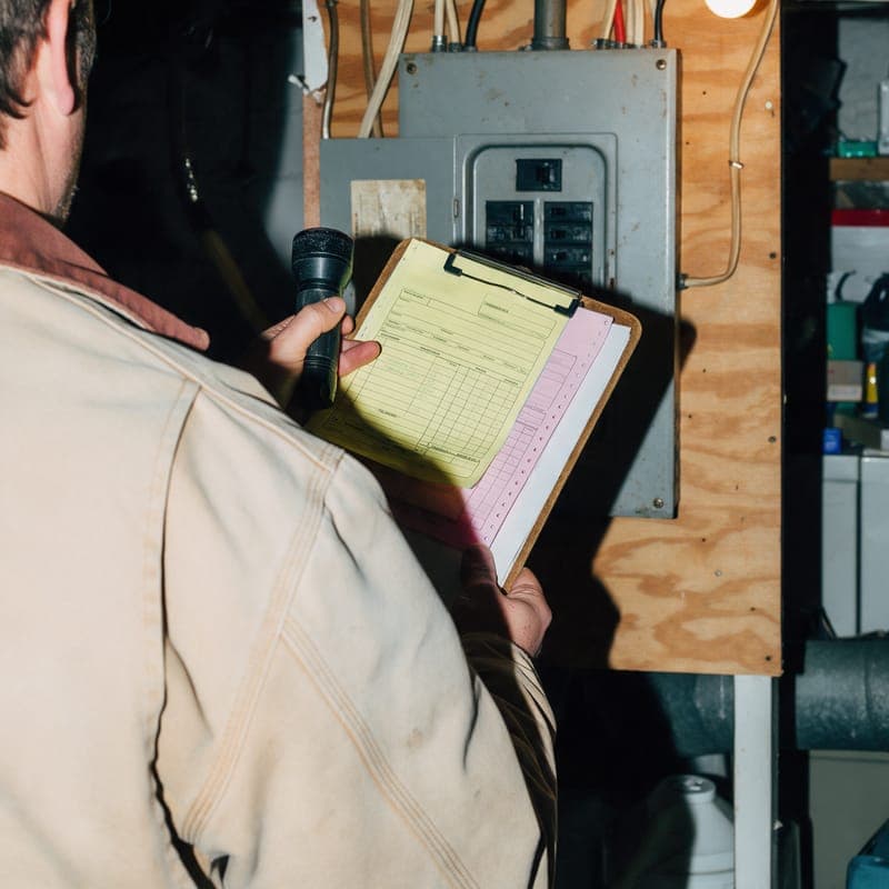 A man in a work jacket in a basement, reading a canary estimate on a clipboard by an old breaker panel.