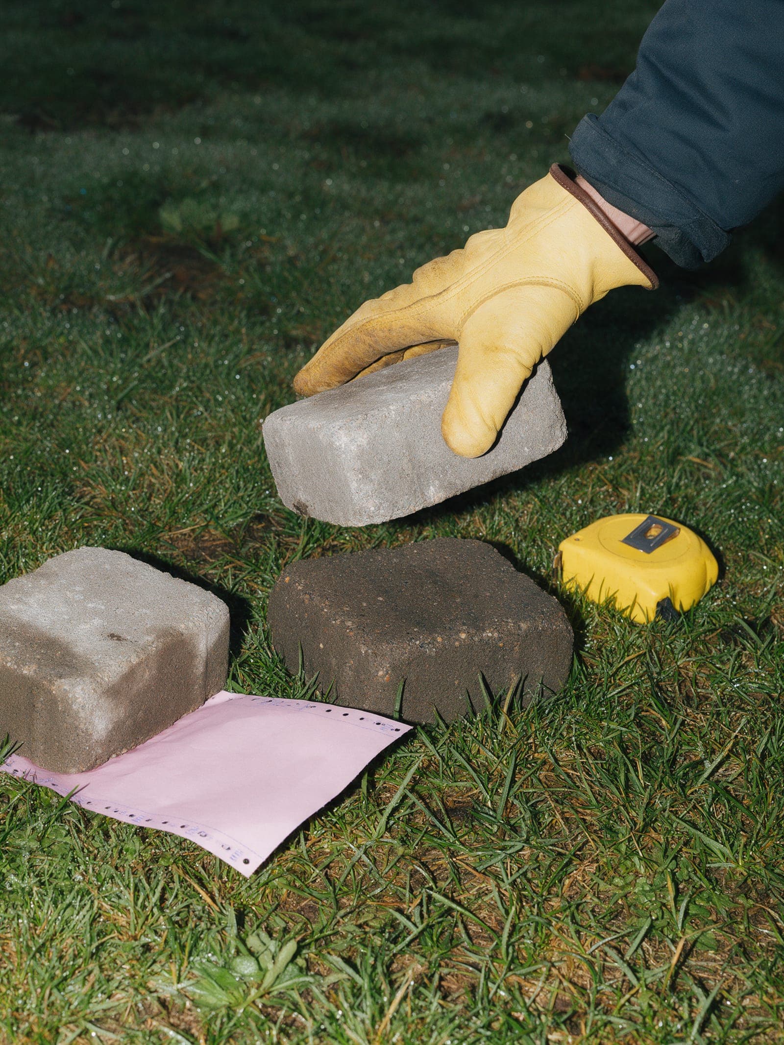 A gloved hand holding a grey paver beside darker samples on the lawn, a pink carbon copy in the grass.