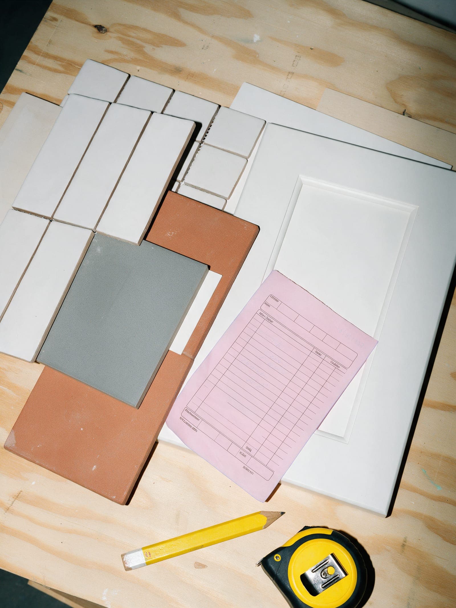 Tile samples, a cabinet door and a pink estimate on plywood, from above.