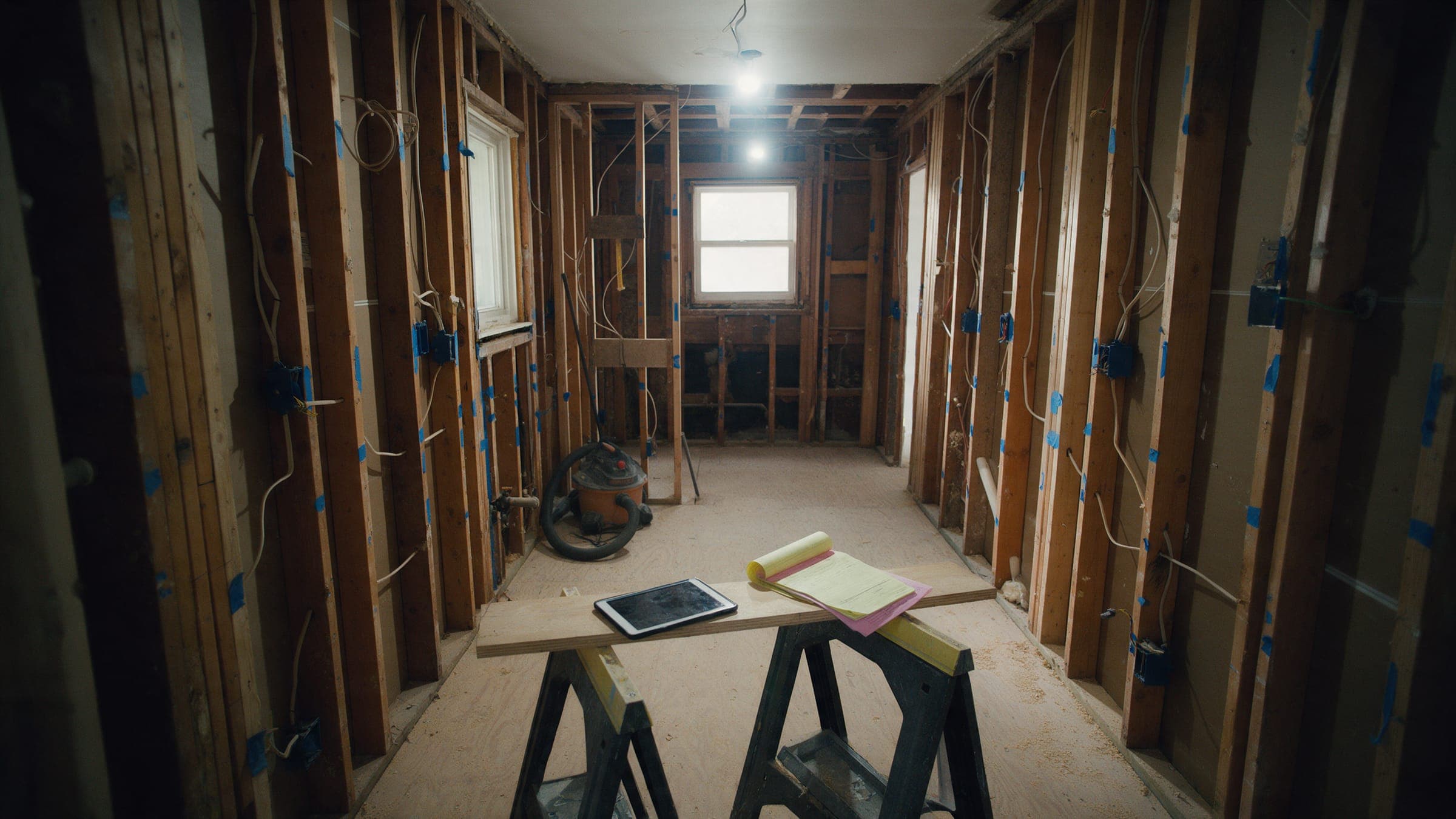 A gutted galley kitchen with taped studs and a carbon pad on sawhorses.