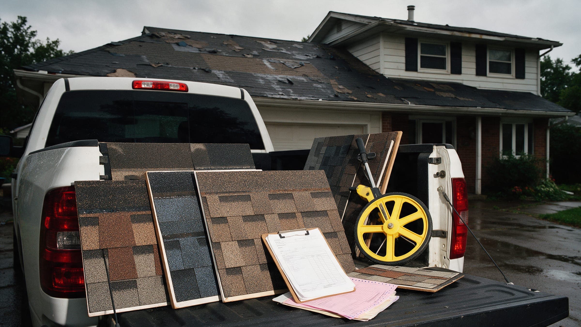 Shingle samples and a measuring wheel on a tailgate in front of a house with a worn roof.