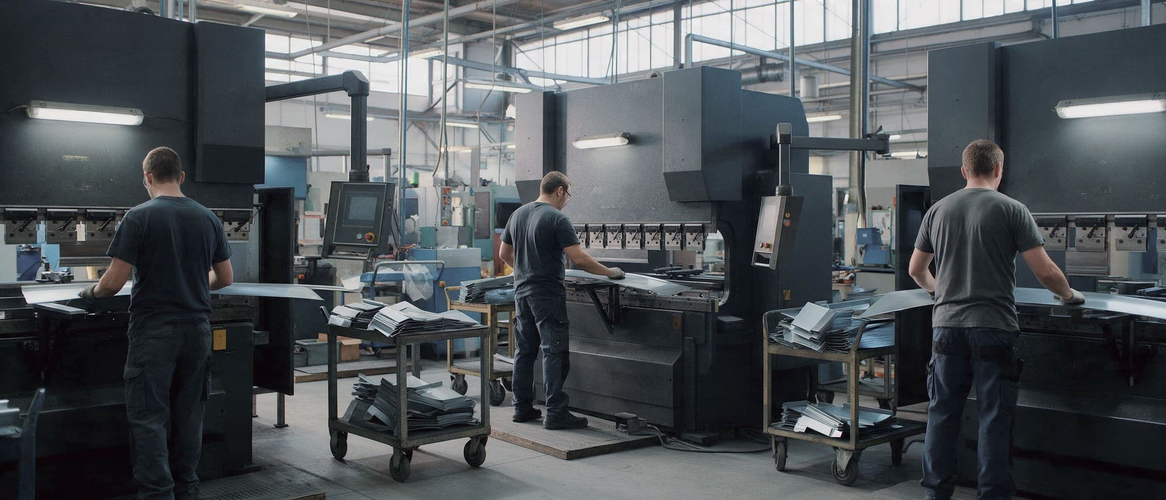 First shift on the brake line: three operators guiding long blanks, carts of formed parts between the machines
