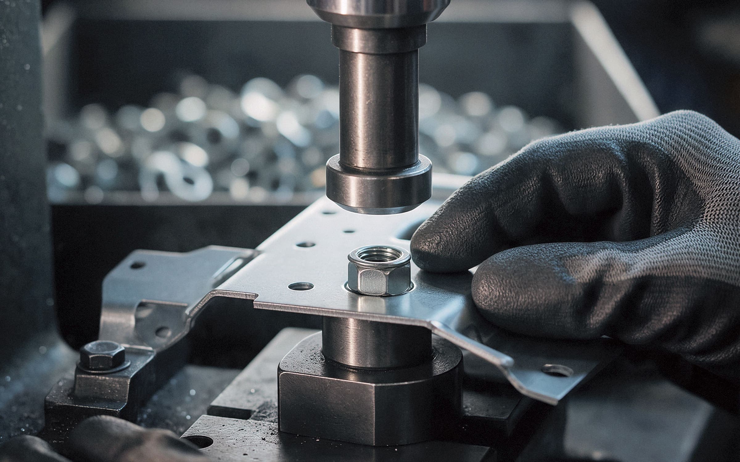 Insertion press setting a nut into a formed bracket, a gloved hand steadying it, a bin of nuts behind
