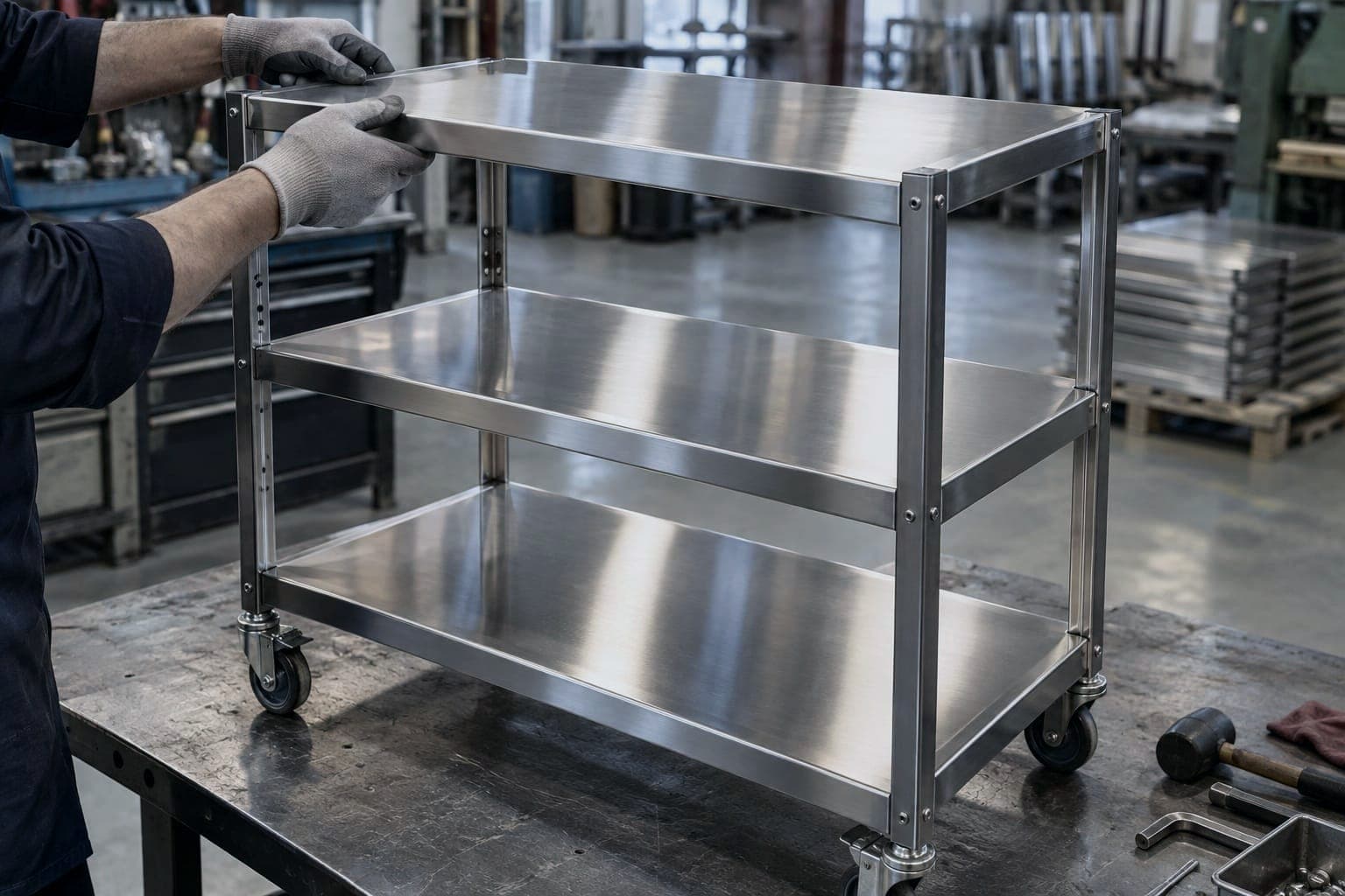 A finished three-shelf stainless instrument cart, a hand resting on its flat top shelf