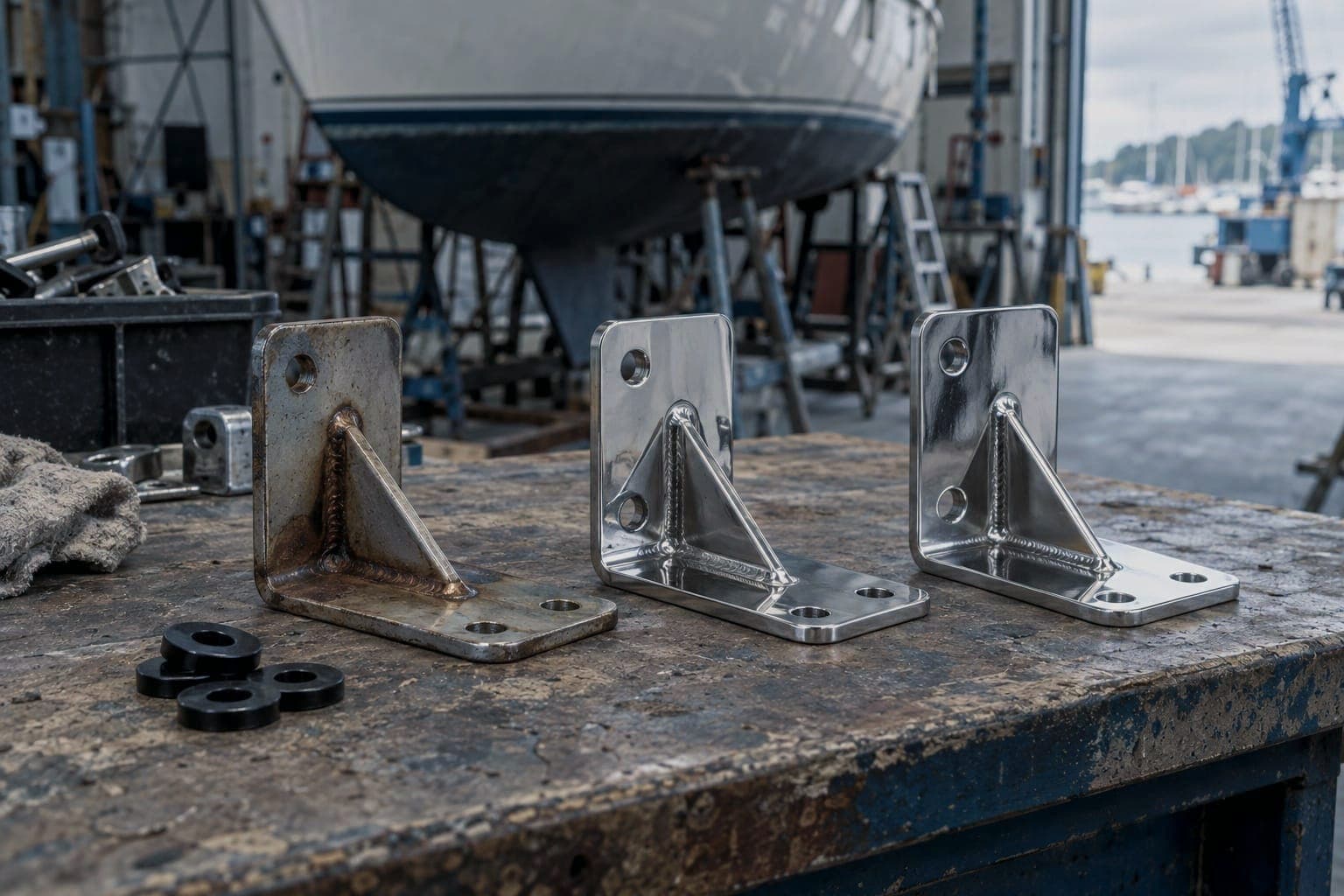 An old 304 helm bracket stained at its welds beside two bright new 316 brackets and nylon washers