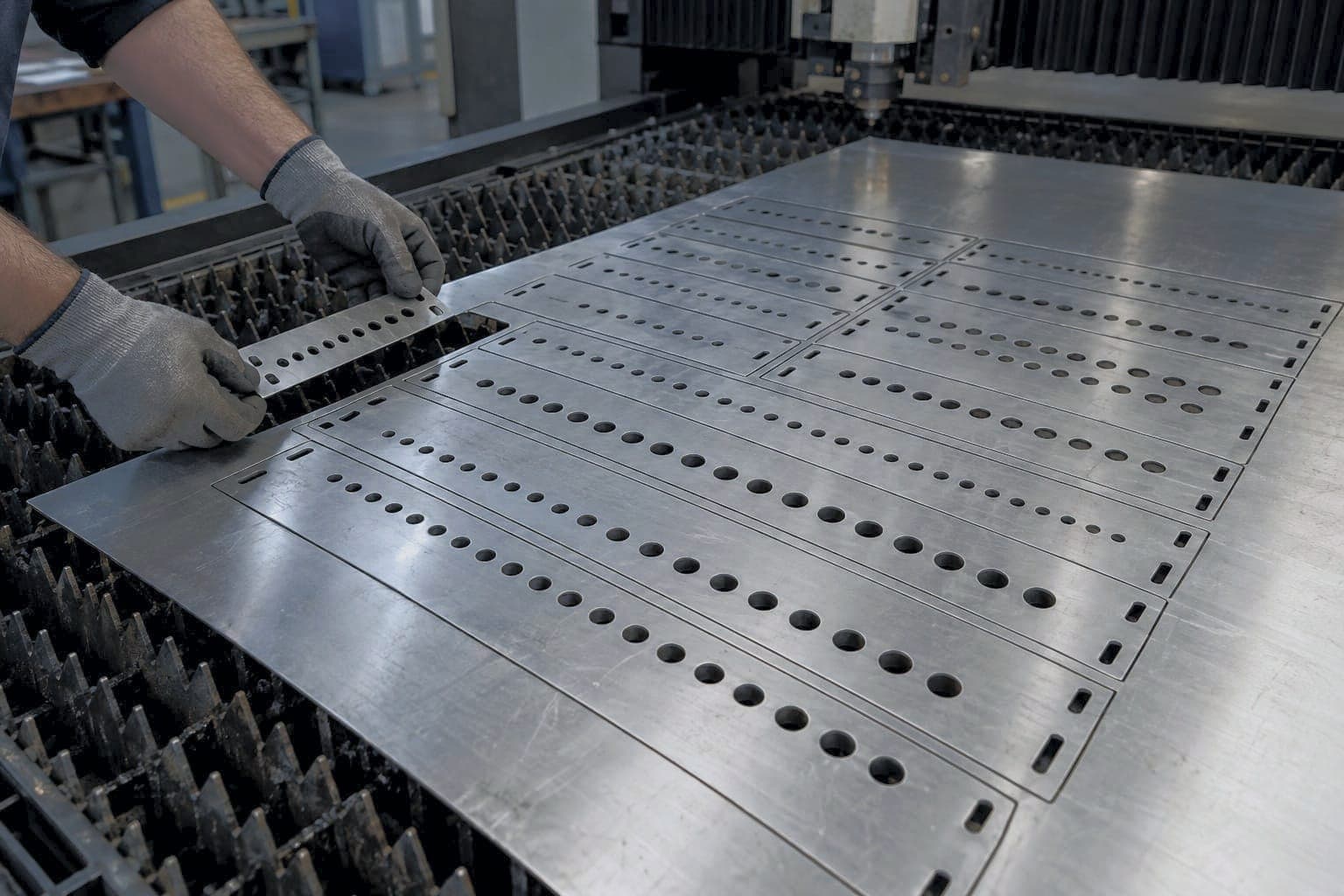 Gloved hands lifting a 1U panel out of a sheet of rack panels nested on the laser