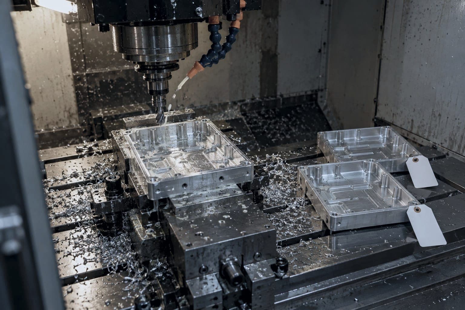 An avionics tray clamped in the mill mid-cut, two finished trays with blank tags beside it