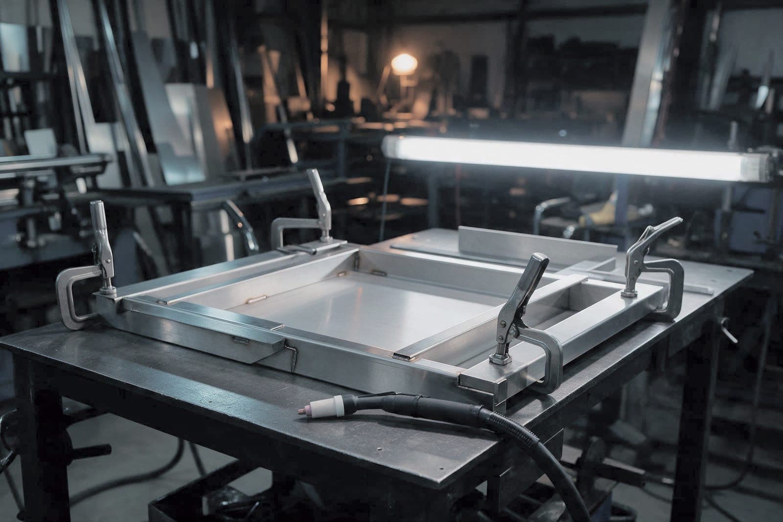 Stainless tray clamped in a welding fixture on a steel table