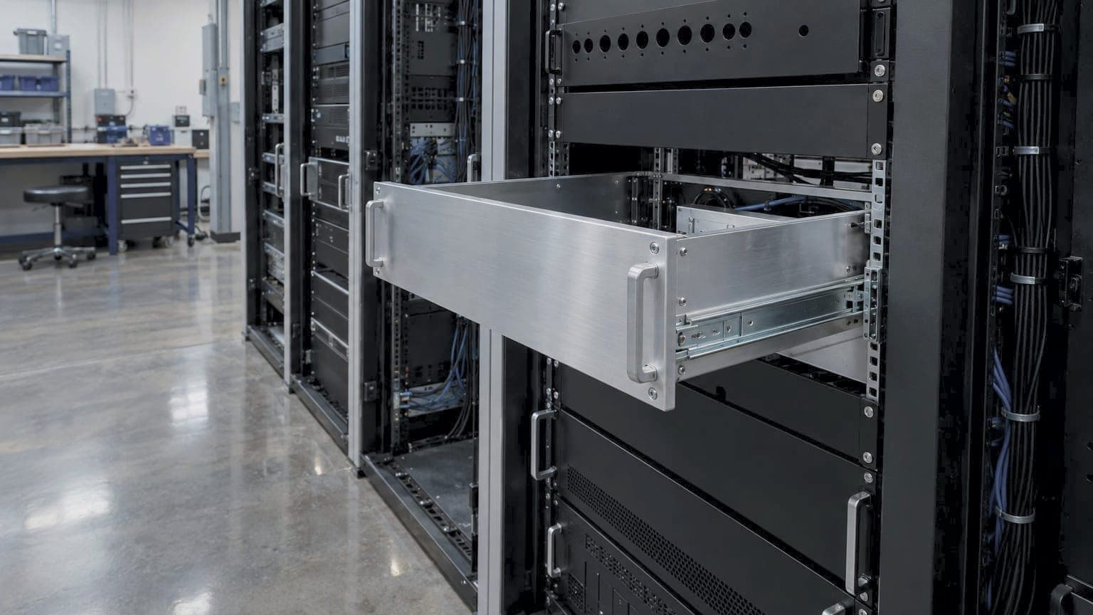 Open equipment rack with laser-cut panels and a 2U chassis half slid in on its rails