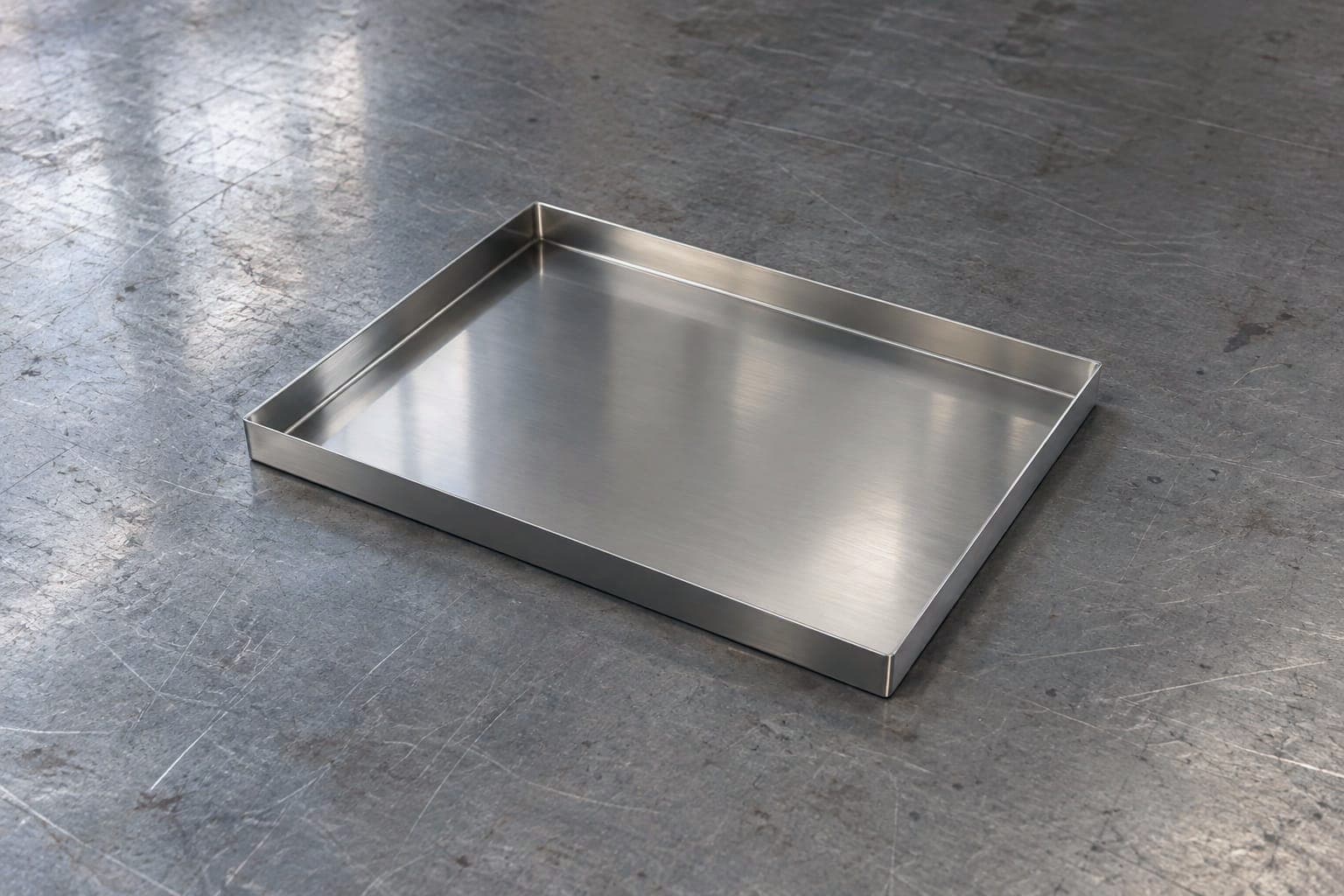 FW-7101 electropolished stainless cart shelf lying lip-up on the bench, the lip welded at all four corners