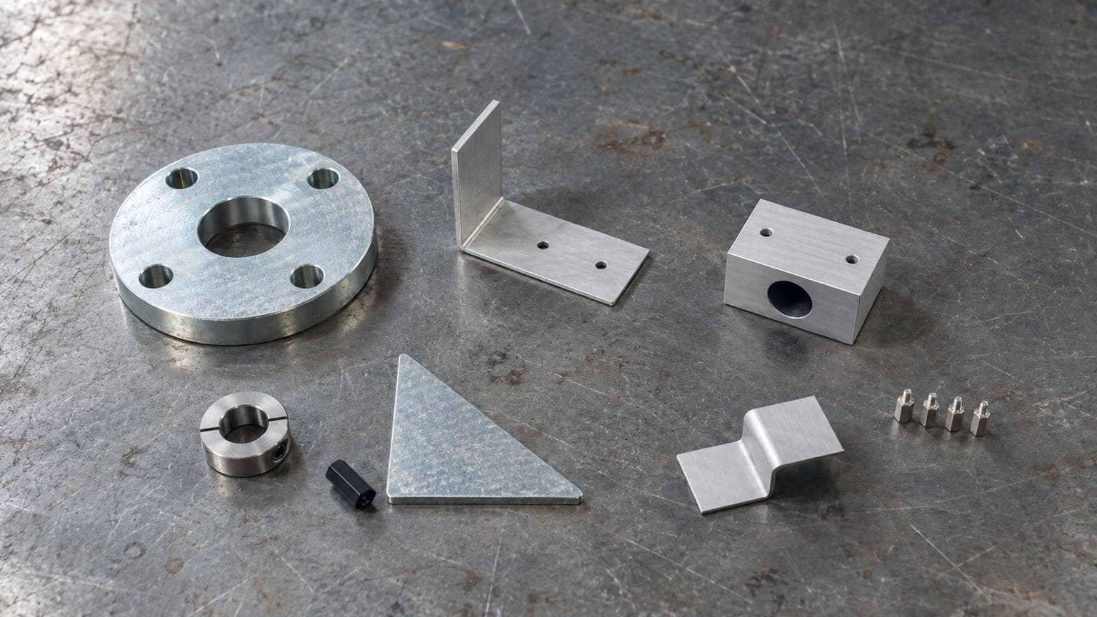 Eight catalog parts on a scuffed steel bench: a zinc pipe flange, an L-bracket, a bearing block, a Z-bracket, a gusset plate, a shaft collar, a hex spacer and four standoffs