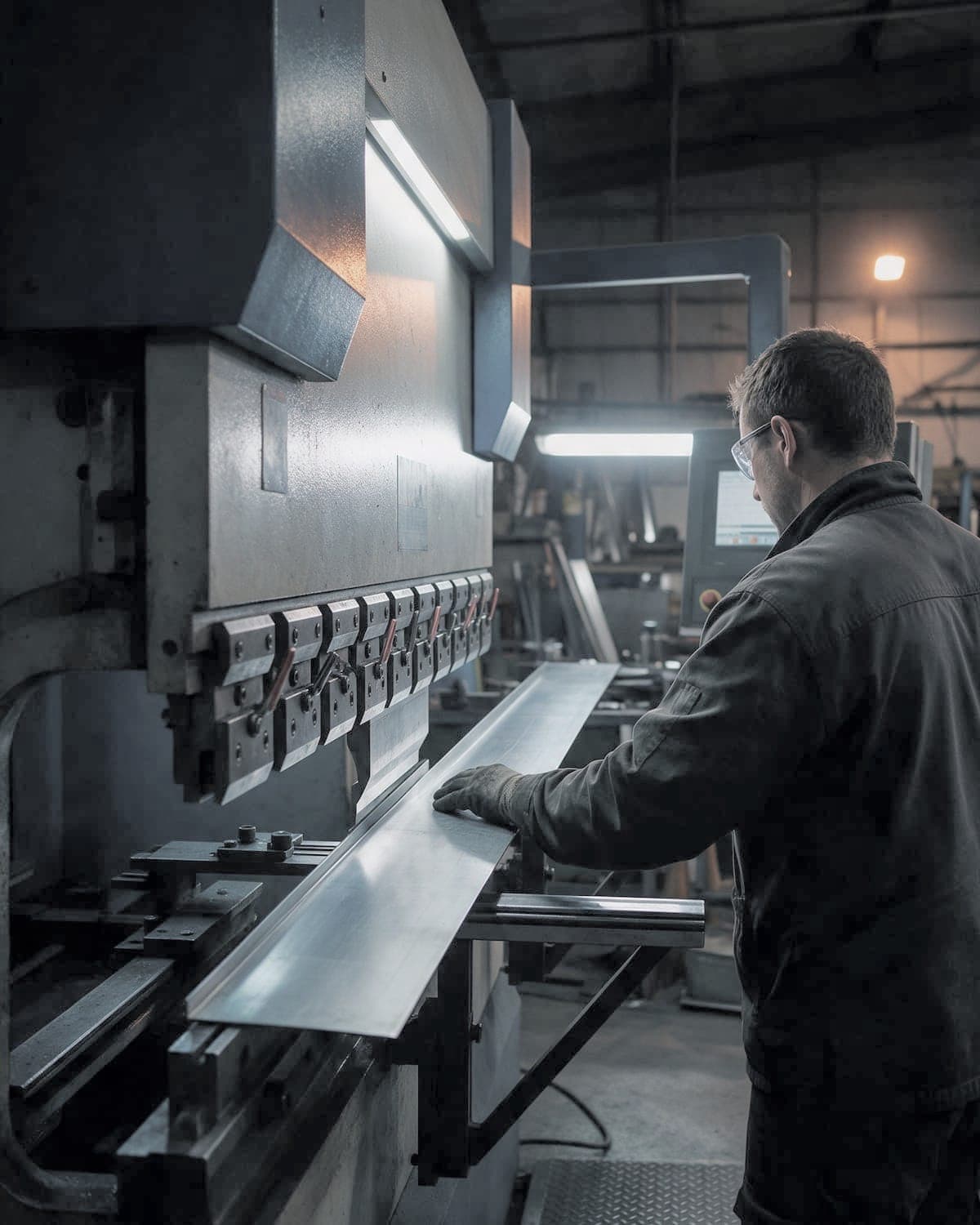 Operator feeding a long sheet into a press brake