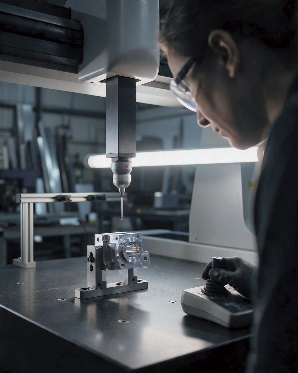 Inspector watching a CMM probe measure a machined block