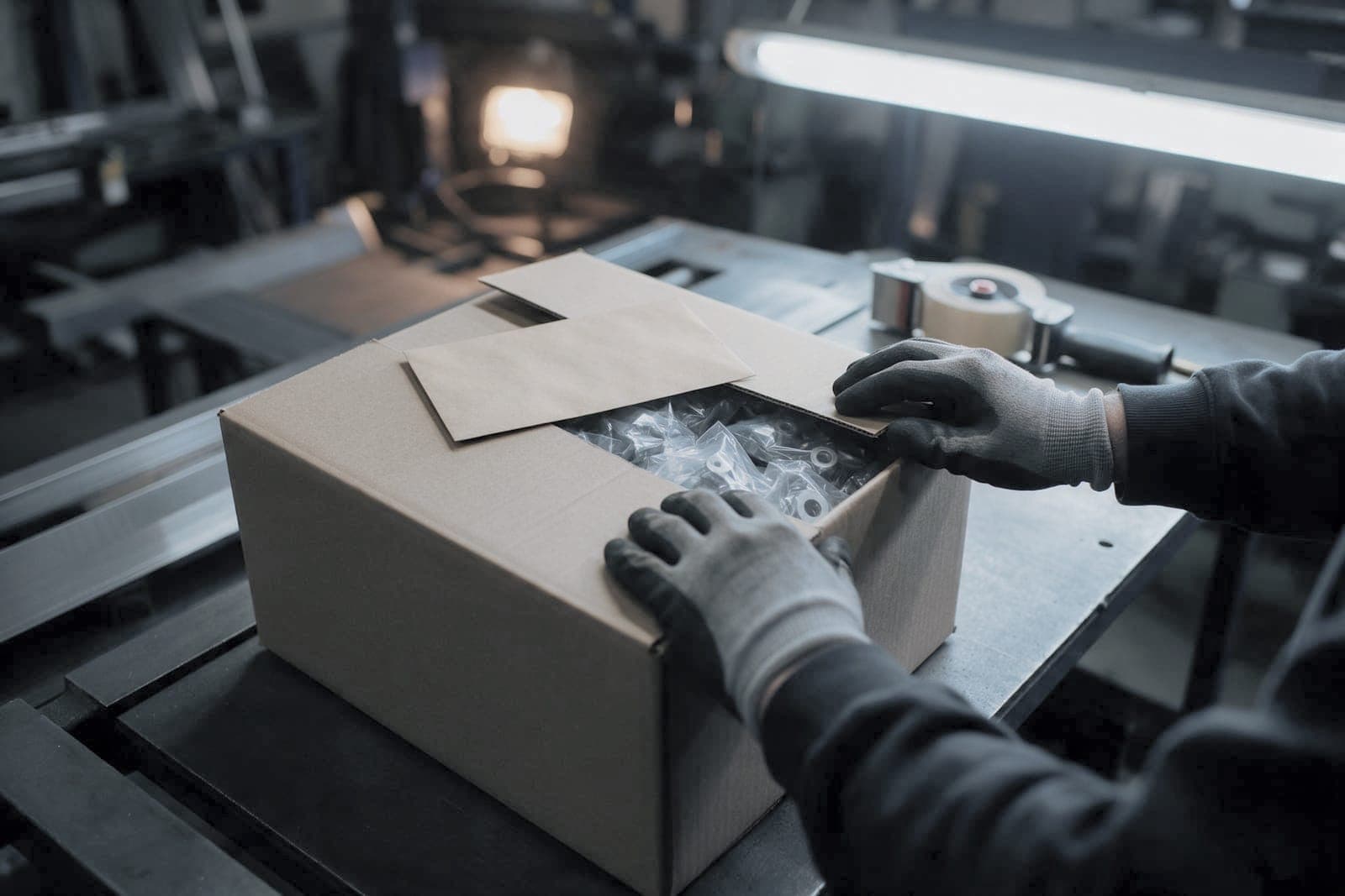 Finished parts packed into a carton with the certs