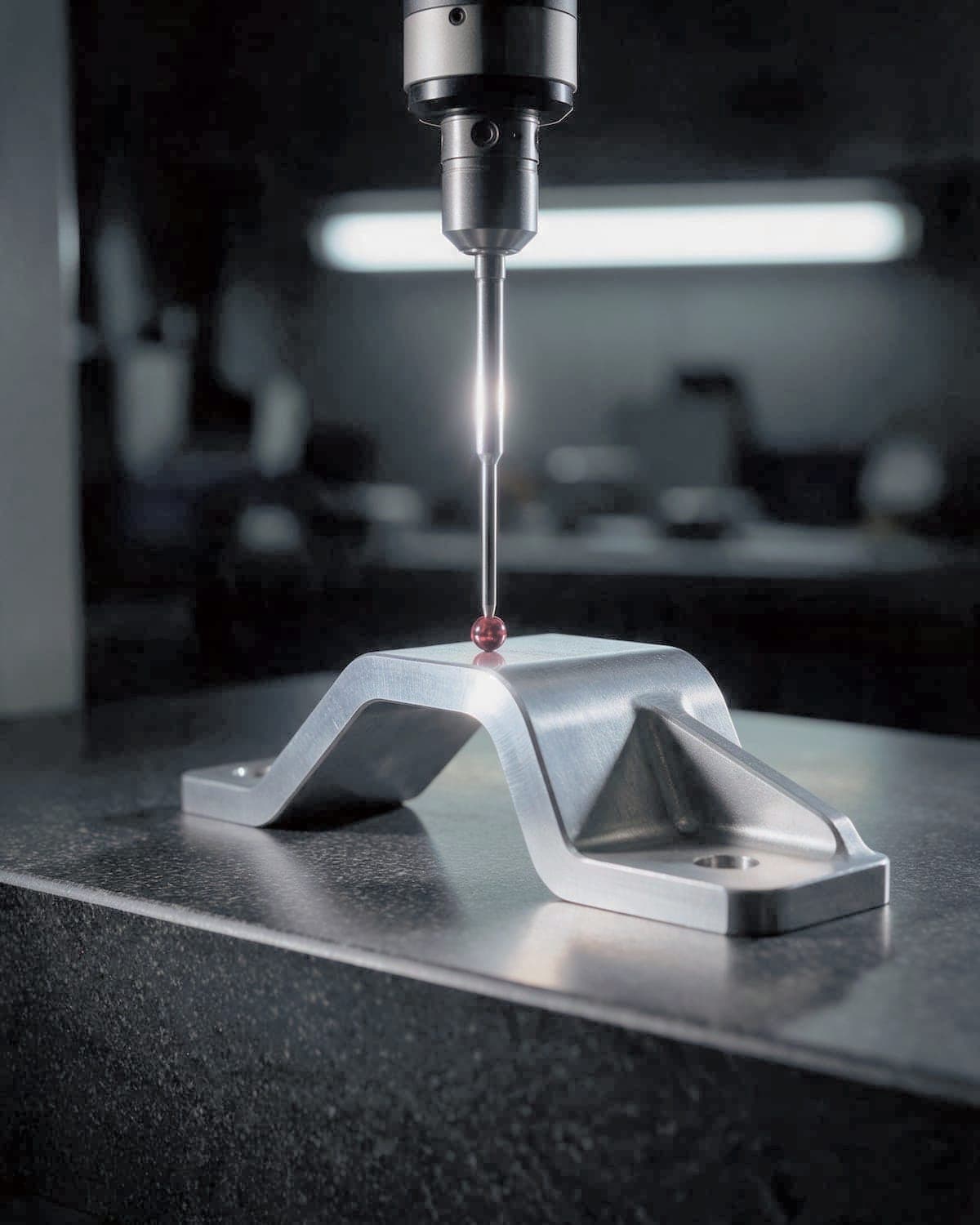 CMM probe touching a formed aluminum bracket