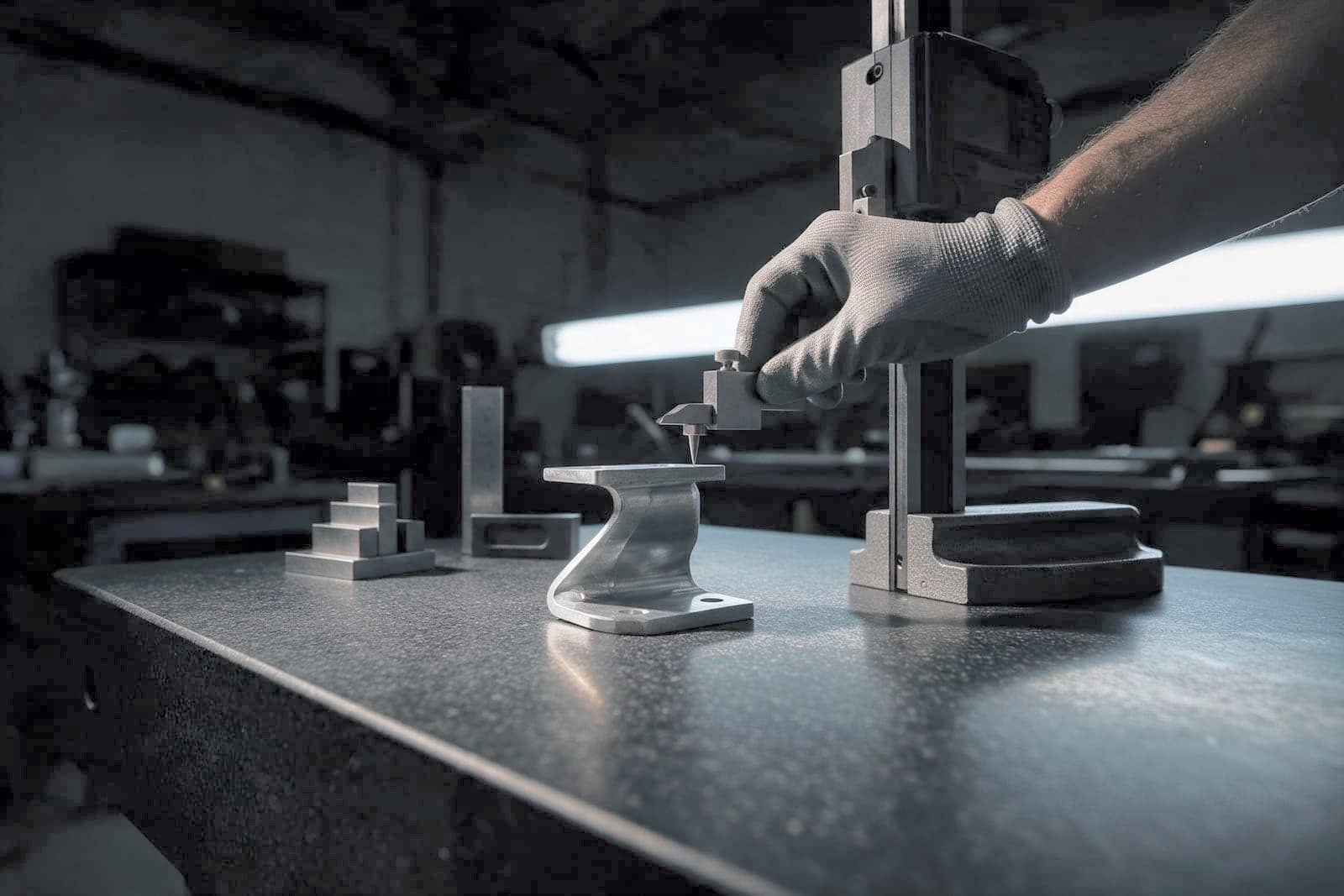 Gloved hand lowering a height gauge scriber onto a formed bracket on the granite plate