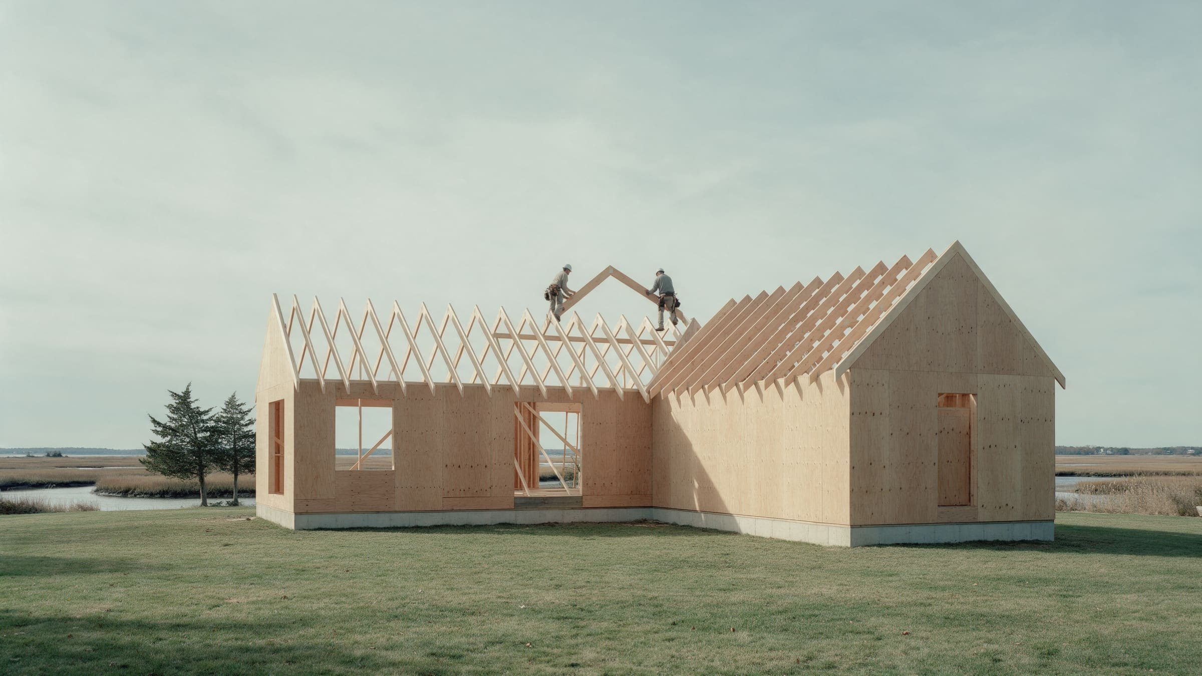 Creek House framed and sheathed beside the salt marsh, two carpenters setting rafters on the ridge.