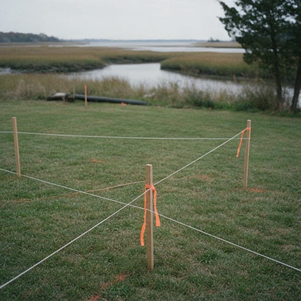 Creek House, week 2: stakes and string lines on the lawn above the marsh.