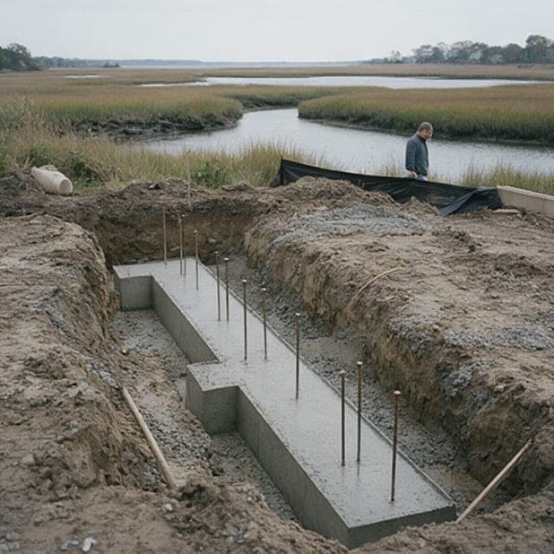 Creek House, week 8: concrete footings poured with steel dowels.
