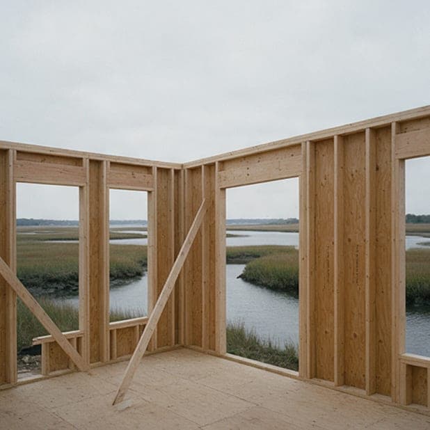 Creek House, week 18: first-floor walls standing, the creek through the openings.