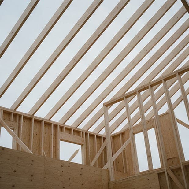 Creek House, week 24: second floor and roof rafters going up.