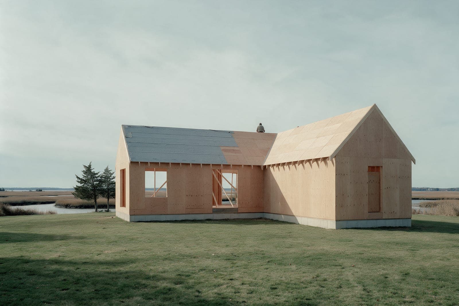 Creek House framed and sheathed: two gabled wings in an L, grey underlayment on one roof, a carpenter where the two ridges meet, two cedars at the marsh edge on the left.
