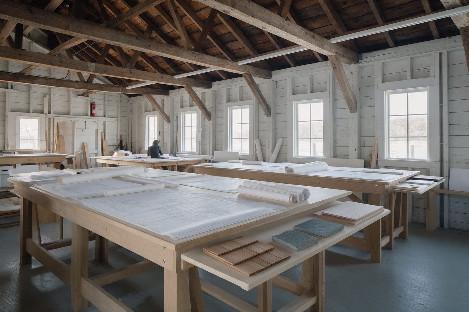 The drawing room in the old boatyard shed: long plan tables under exposed timber trusses and north windows.
