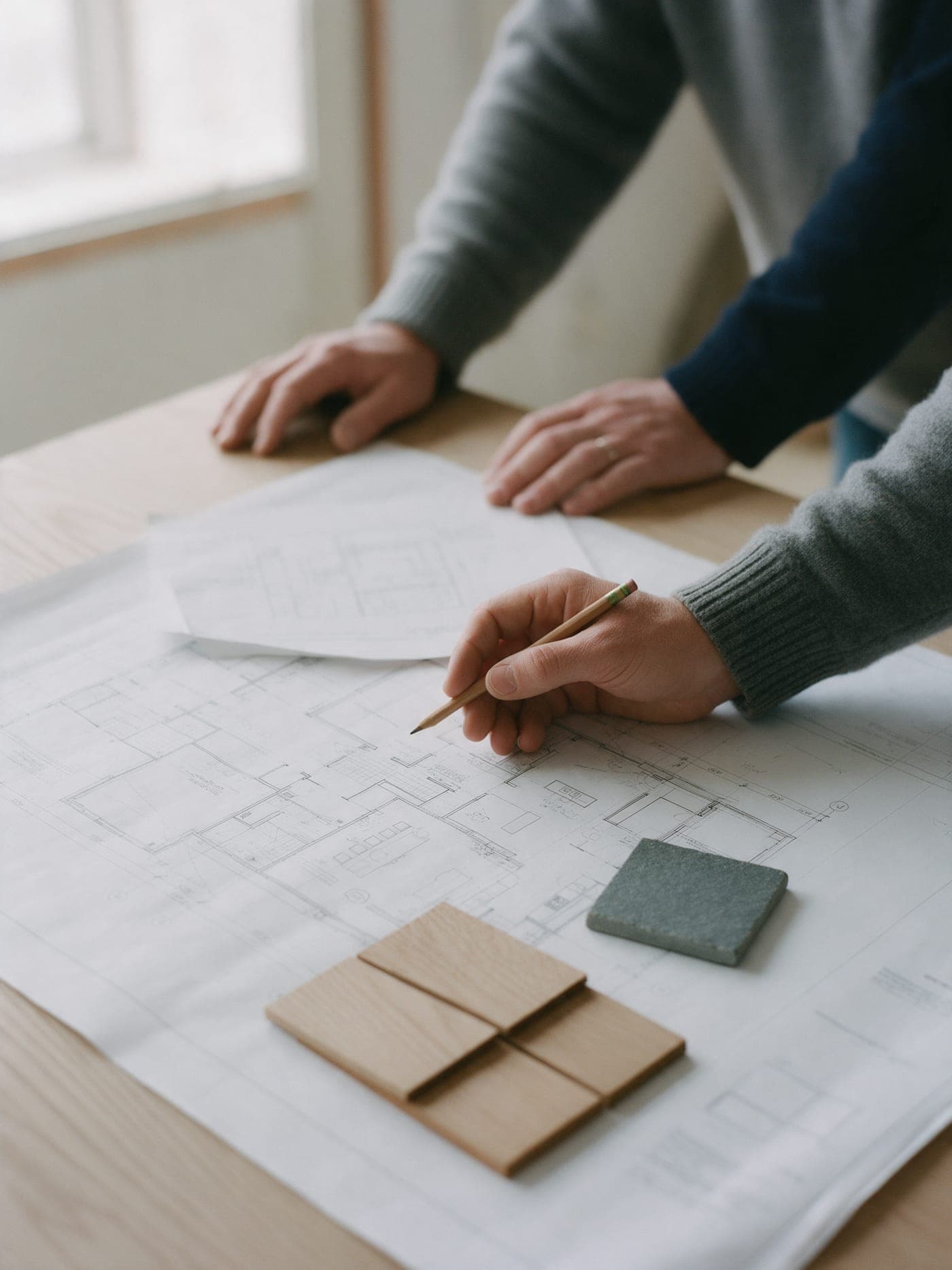 Hands marking a floor plan with a pencil, two material samples resting on the sheet.