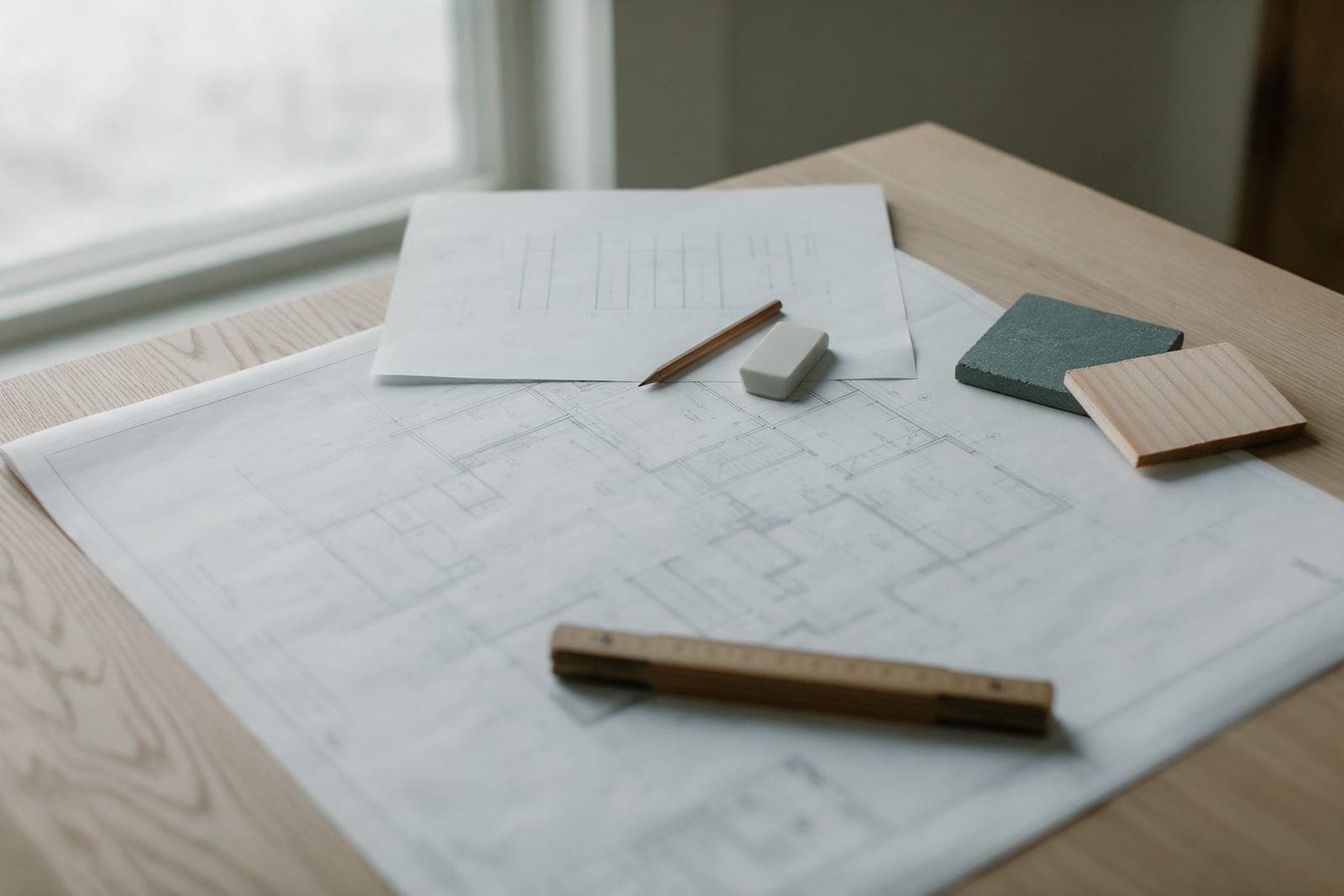 A price sheet lying across a floor plan on an oak table, with a pencil, a folding rule and two material samples.
