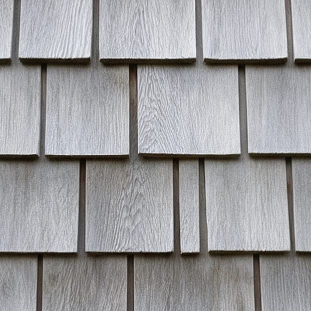 White cedar shingle weathered to silver grey.