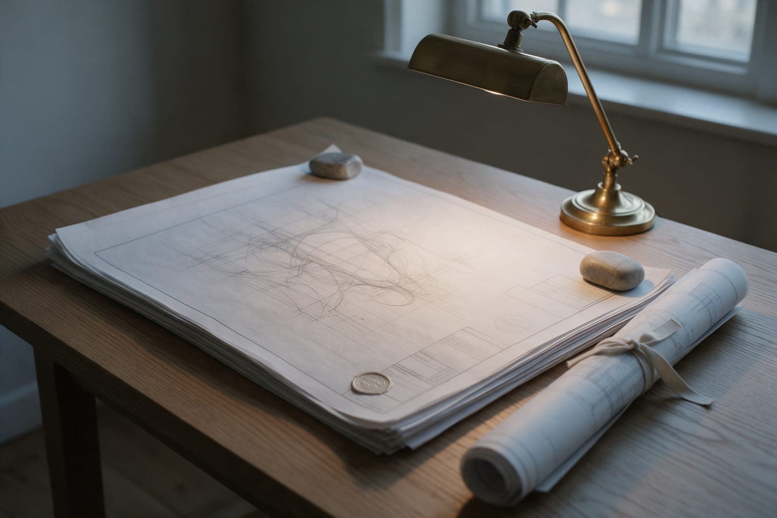 A thick permit set of drawings held flat on a plan table under a brass lamp, a second set rolled and tied beside it.