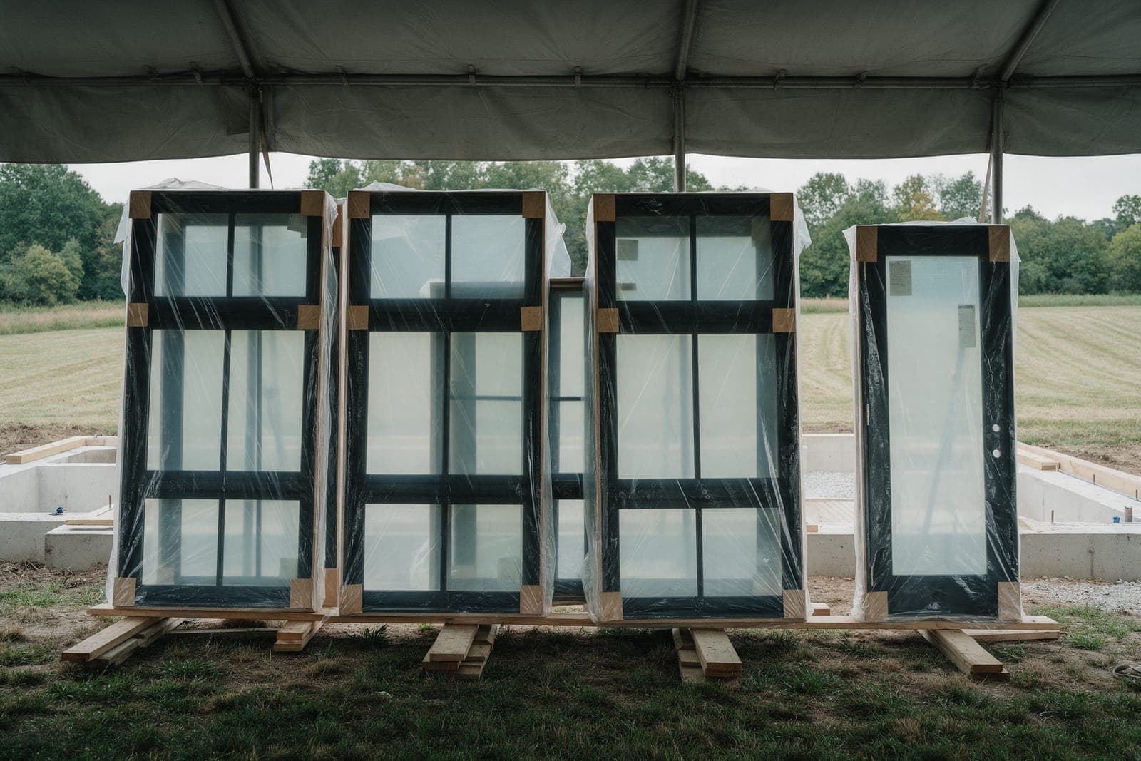 Black-framed windows and a glass door wrapped in clear film, standing on timber skids under a tarp beside a new foundation.
