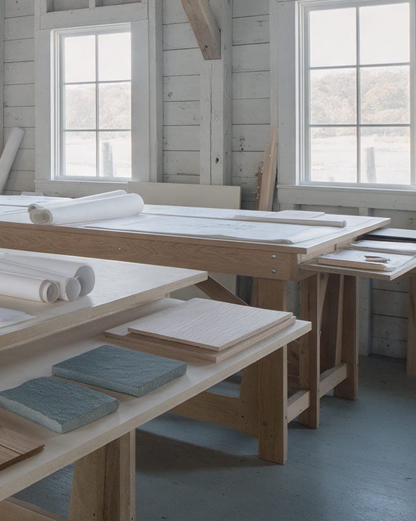 Material samples laid out on a plan table in the drawing room.