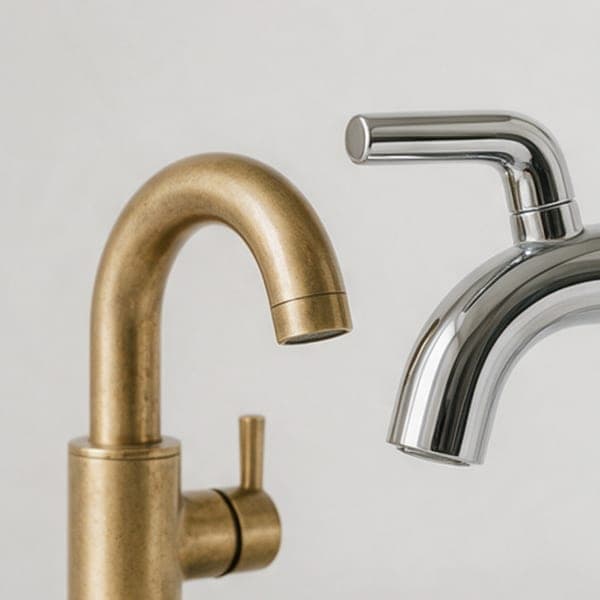 An unlacquered brass faucet beside a polished nickel one.