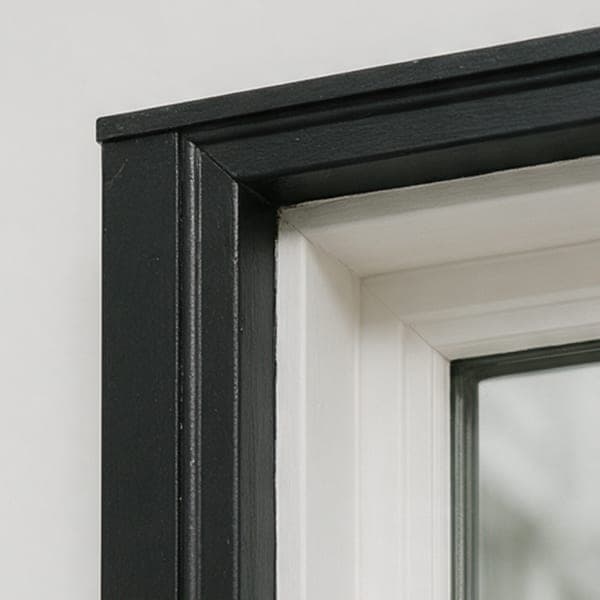 The corner of an aluminum-clad window, black outside and white inside.