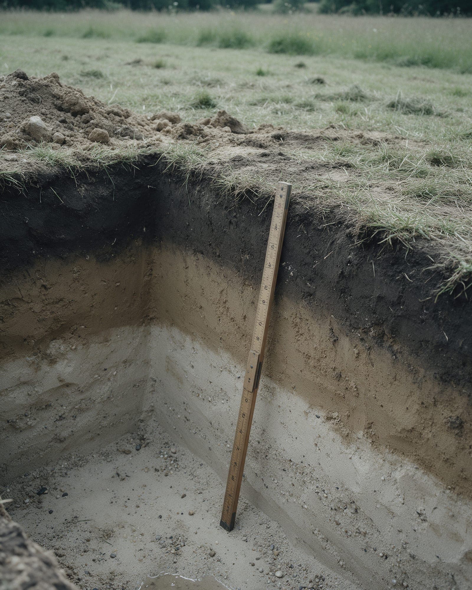 A test pit in a meadow: dark topsoil, tan loam and pale sand in the side wall, a folding rule standing against it.