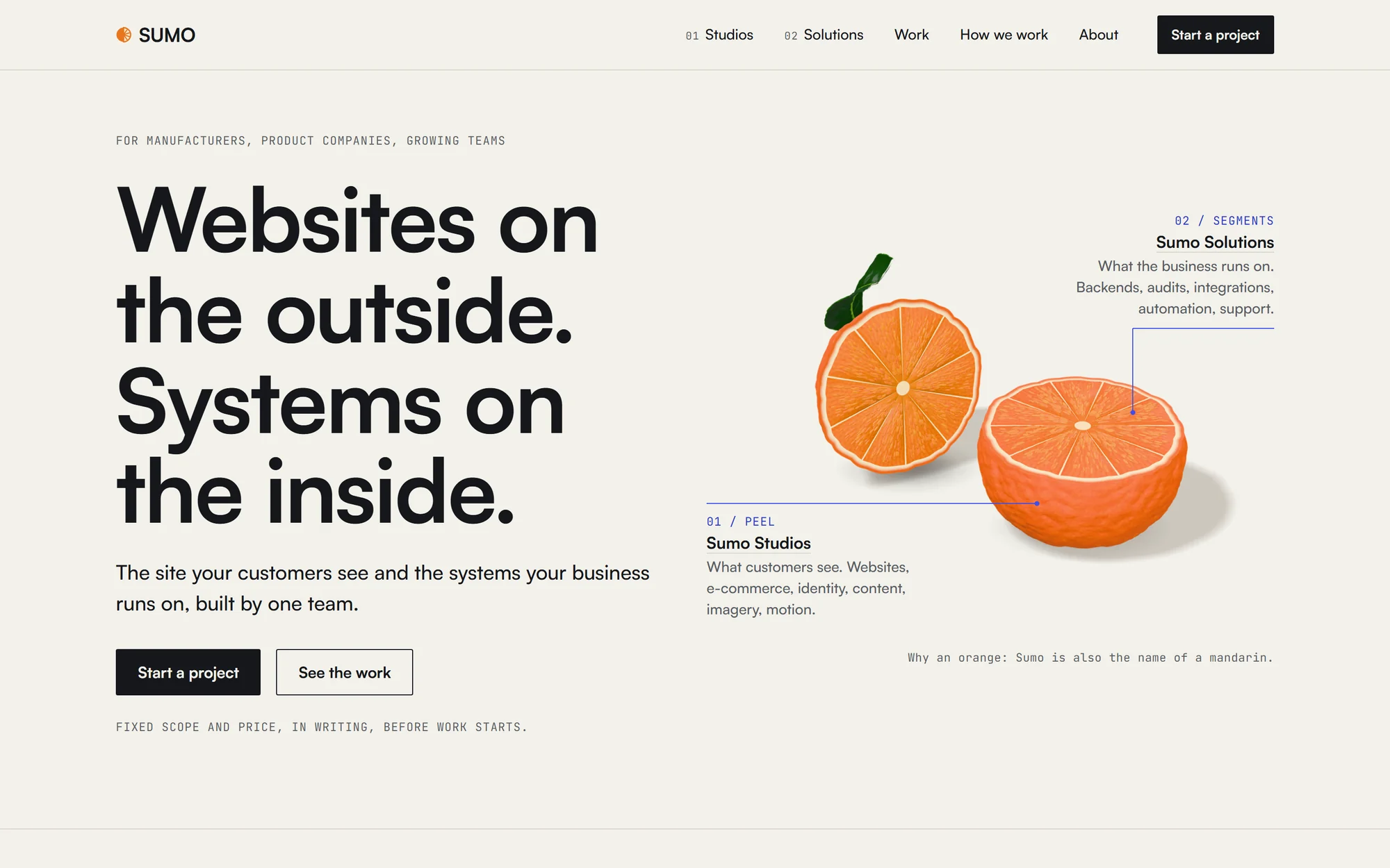 Capture of this site's home page: the SUMO header and navigation, the headline Websites on the outside. Systems on the inside., and a cut orange labeled 01 / Peel, Sumo Studios and 02 / Segments, Sumo Solutions.