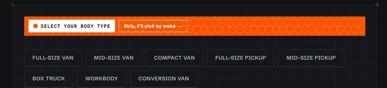 Vantech USA website: an orange bar reading Select your body type, with a Skip, I'll pick by make button, above body type buttons starting with Full-size van, Mid-size van and Compact van.