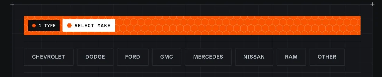 Vantech USA website, next step: the bar reads 1 Type, Select make, above make buttons starting with Chevrolet, Dodge, Ford and GMC.