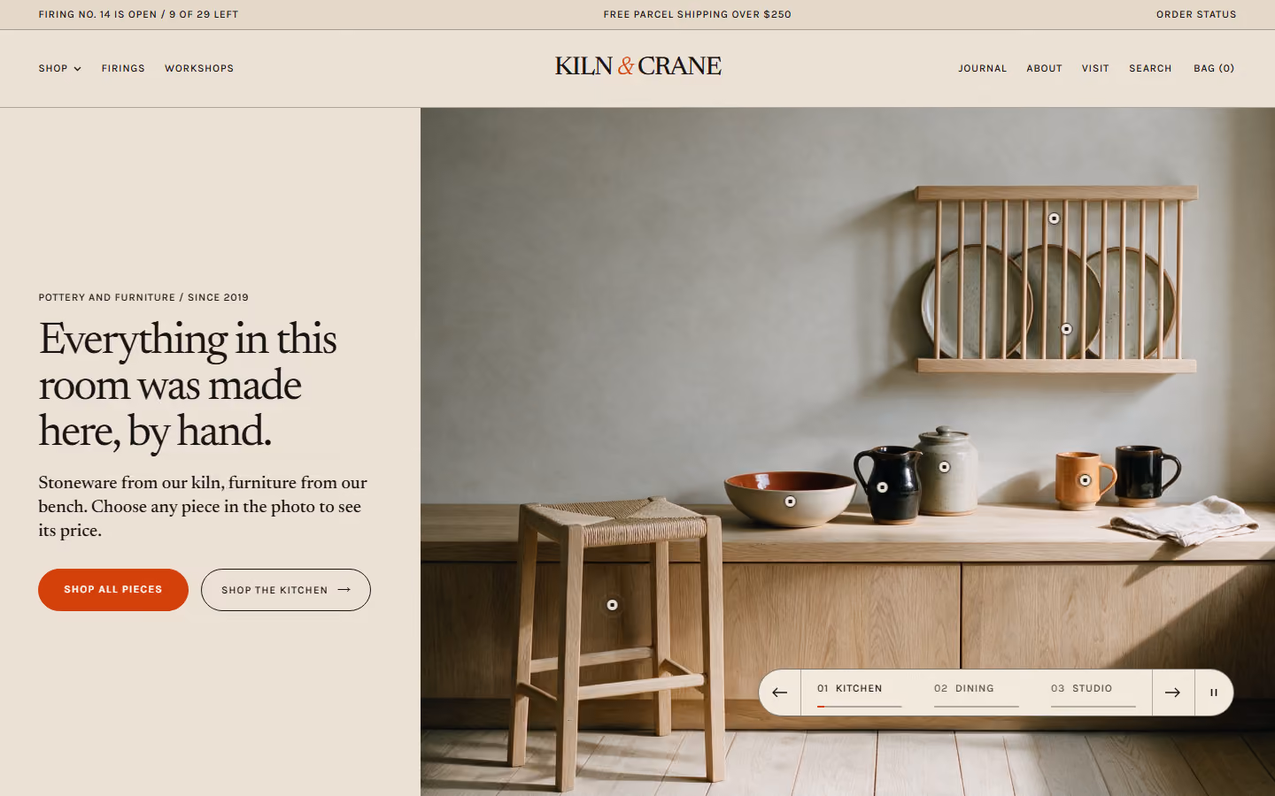 Kiln & Crane home page on a desktop screen