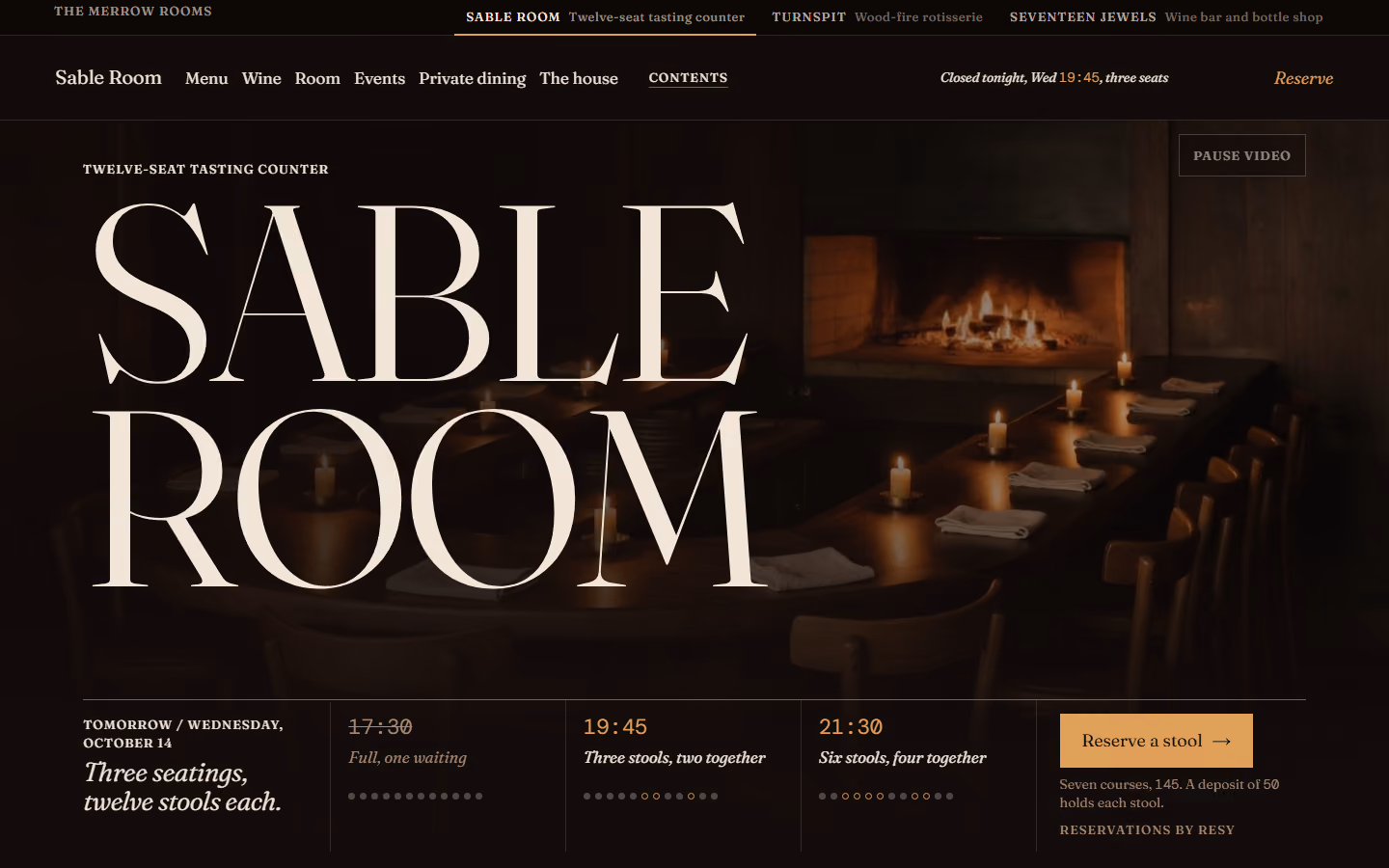 Sable Room home page on a desktop screen