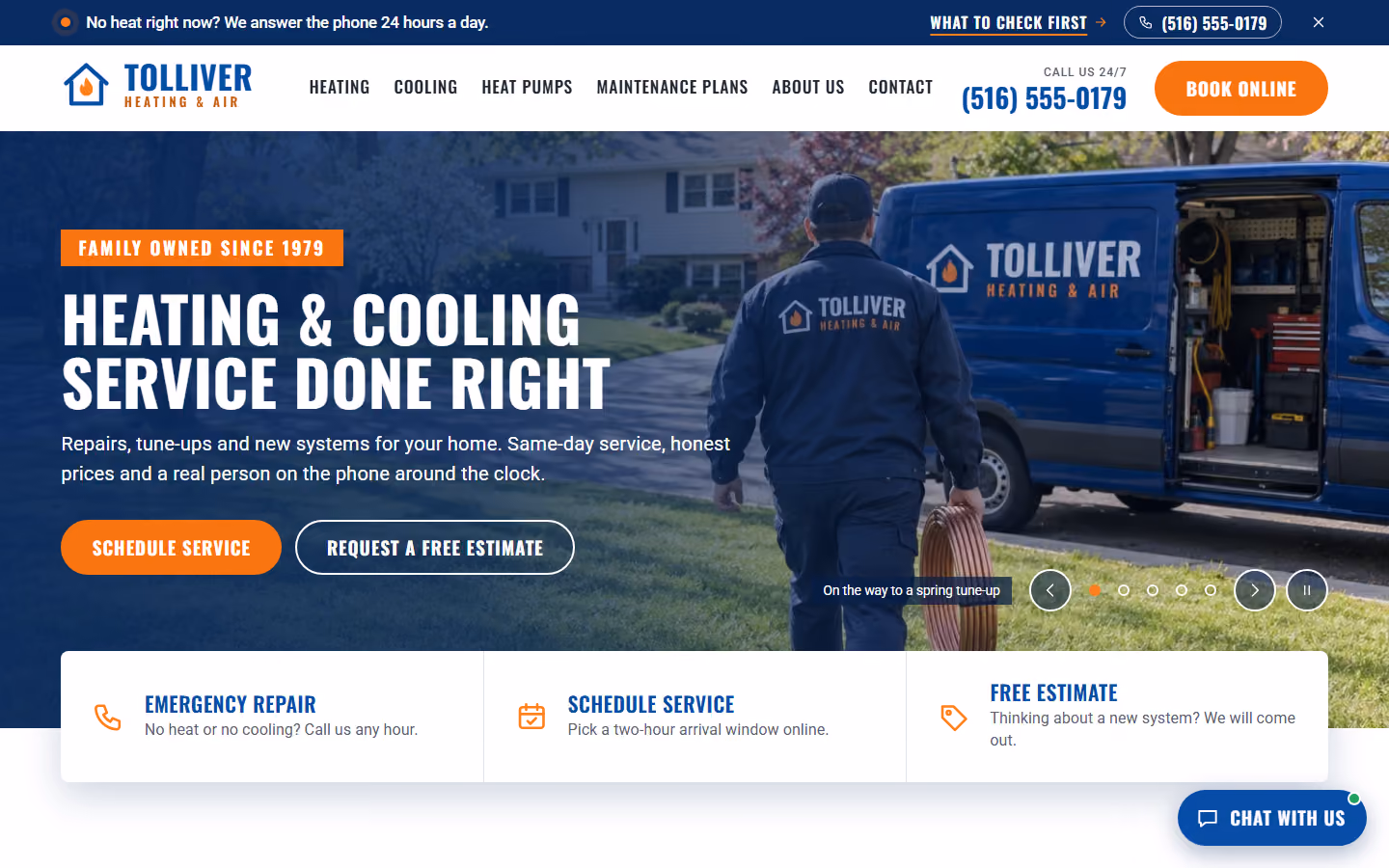 Tolliver Heating & Air home page on a desktop screen
