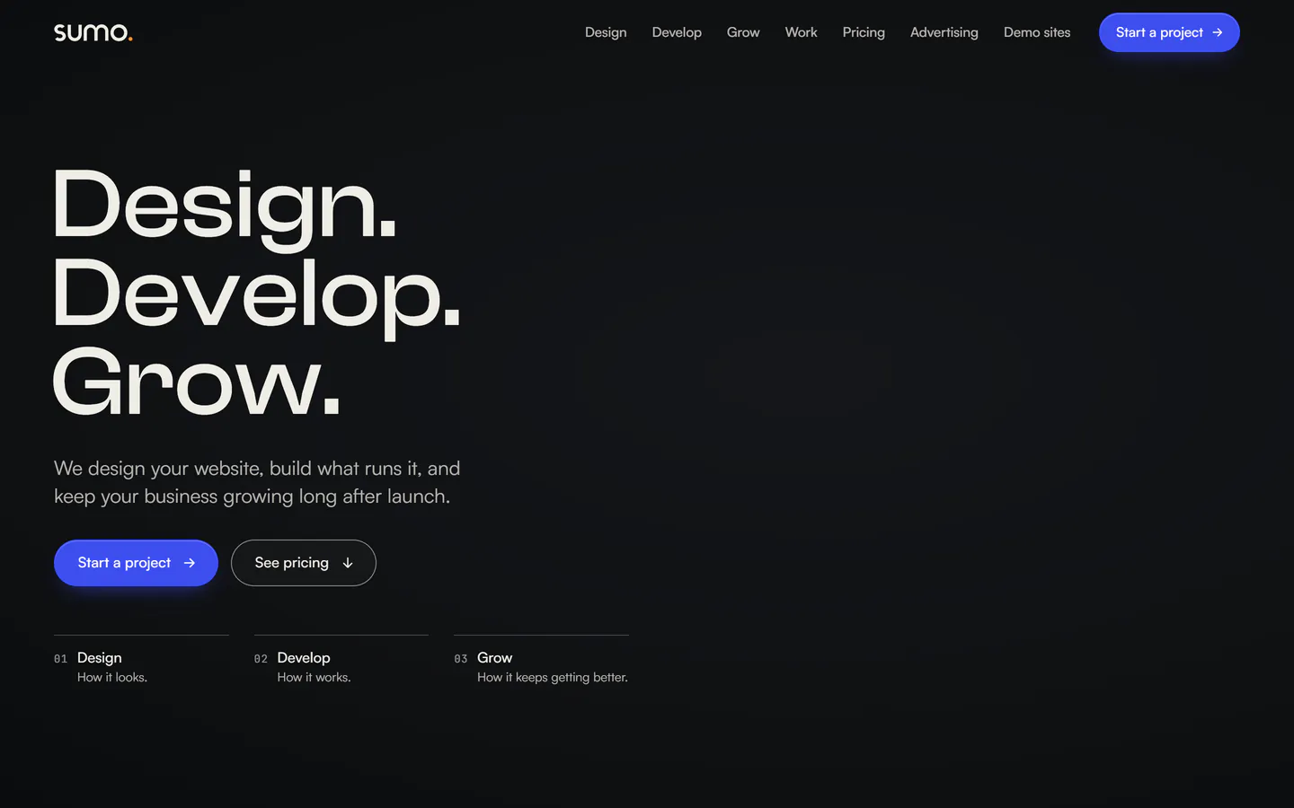 The SUMO home page: the navigation and the line Design. Develop. Grow.