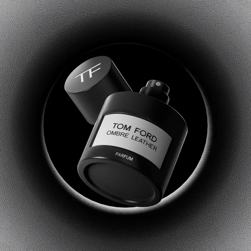 Ombré Leather fragrance bottle study in black and white, CG render
